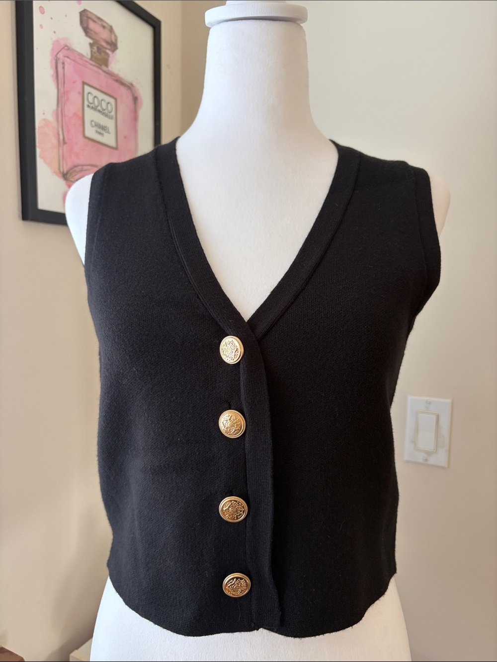 Sleeveless V-Neck Black Knit Sweater Vest with Gold Buttons